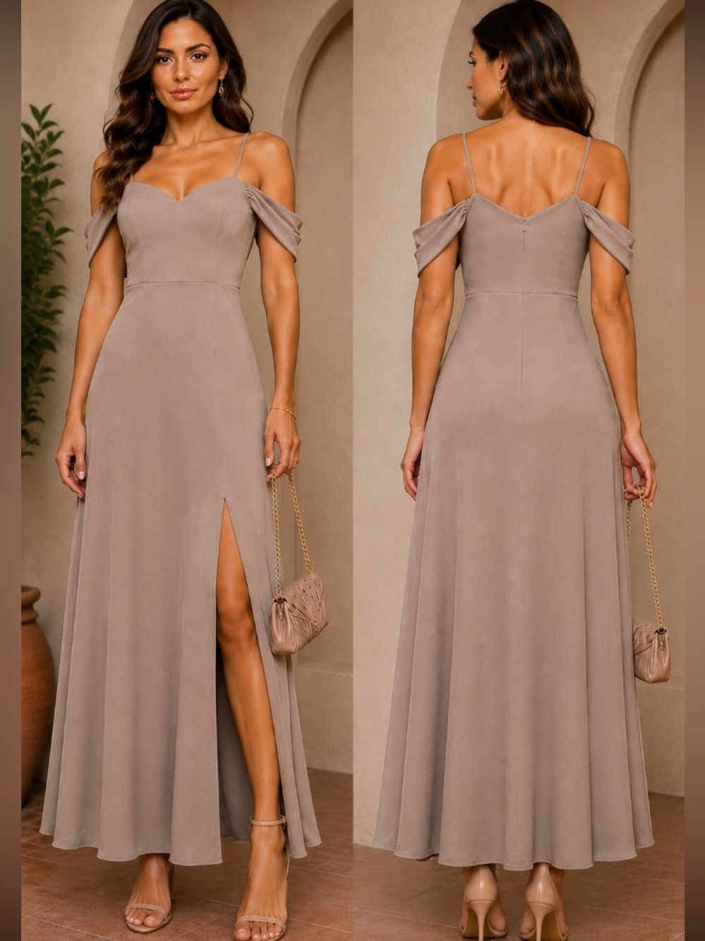 NWT BIRDY GREY taupe color off the shoulder straps, one side, slit, maxi dress
